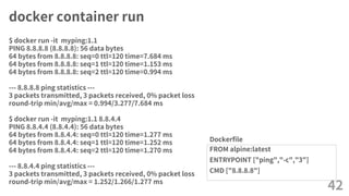 docker container run
FROM alpine:latest
ENTRYPOINT ["ping","-c","3"]
CMD ["8.8.8.8"]
42
$ docker run -it myping:1.1
PING 8.8.8.8 (8.8.8.8): 56 data bytes
64 bytes from 8.8.8.8: seq=0 ttl=120 time=7.684 ms
64 bytes from 8.8.8.8: seq=1 ttl=120 time=1.153 ms
64 bytes from 8.8.8.8: seq=2 ttl=120 time=0.994 ms
--- 8.8.8.8 ping statistics ---
3 packets transmitted, 3 packets received, 0% packet loss
round-trip min/avg/max = 0.994/3.277/7.684 ms
$ docker run -it myping:1.1 8.8.4.4
PING 8.8.4.4 (8.8.4.4): 56 data bytes
64 bytes from 8.8.4.4: seq=0 ttl=120 time=1.277 ms
64 bytes from 8.8.4.4: seq=1 ttl=120 time=1.252 ms
64 bytes from 8.8.4.4: seq=2 ttl=120 time=1.270 ms
--- 8.8.4.4 ping statistics ---
3 packets transmitted, 3 packets received, 0% packet loss
round-trip min/avg/max = 1.252/1.266/1.277 ms
Dockerfile
 