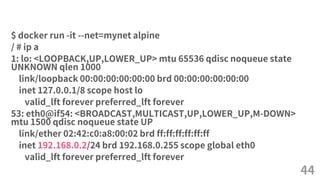 $ docker run -it --net=mynet alpine
/ # ip a
1: lo: <LOOPBACK,UP,LOWER_UP> mtu 65536 qdisc noqueue state
UNKNOWN qlen 1000
link/loopback 00:00:00:00:00:00 brd 00:00:00:00:00:00
inet 127.0.0.1/8 scope host lo
valid_lft forever preferred_lft forever
53: eth0@if54: <BROADCAST,MULTICAST,UP,LOWER_UP,M-DOWN>
mtu 1500 qdisc noqueue state UP
link/ether 02:42:c0:a8:00:02 brd ff:ff:ff:ff:ff:ff
inet 192.168.0.2/24 brd 192.168.0.255 scope global eth0
valid_lft forever preferred_lft forever
44
 