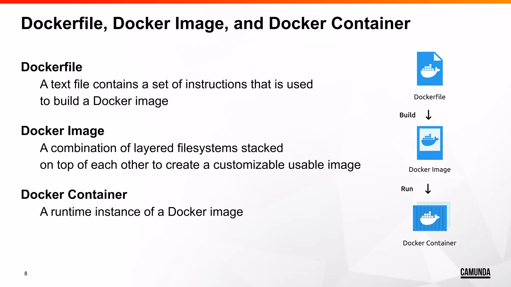 8 Dockerfile, Docker Image, and Docker Container Dockerfile A text file contains a set of instructions that is used to build a Docker image Docker Image A combination of layered filesystems stacked on top of each other to create a customizable usable image Docker Container A runtime instance of a Docker image 