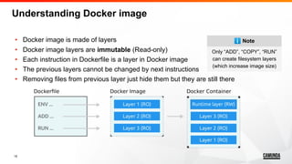 15
• Docker image is made of layers
• Docker image layers are immutable (Read-only)
• Each instruction in Dockerfile is a layer in Docker image
• The previous layers cannot be changed by next instructions
• Removing files from previous layer just hide them but they are still there
Understanding Docker image
Only “ADD”, “COPY”, “RUN”
can create filesystem layers
(which increase image size)
ℹ Note
 