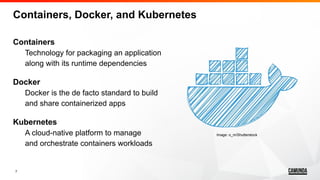 7
Containers, Docker, and Kubernetes
Containers
Technology for packaging an application
along with its runtime dependencies
Docker
Docker is the de facto standard to build
and share containerized apps
Kubernetes
A cloud-native platform to manage
and orchestrate containers workloads
Image: o_m/Shutterstock
 