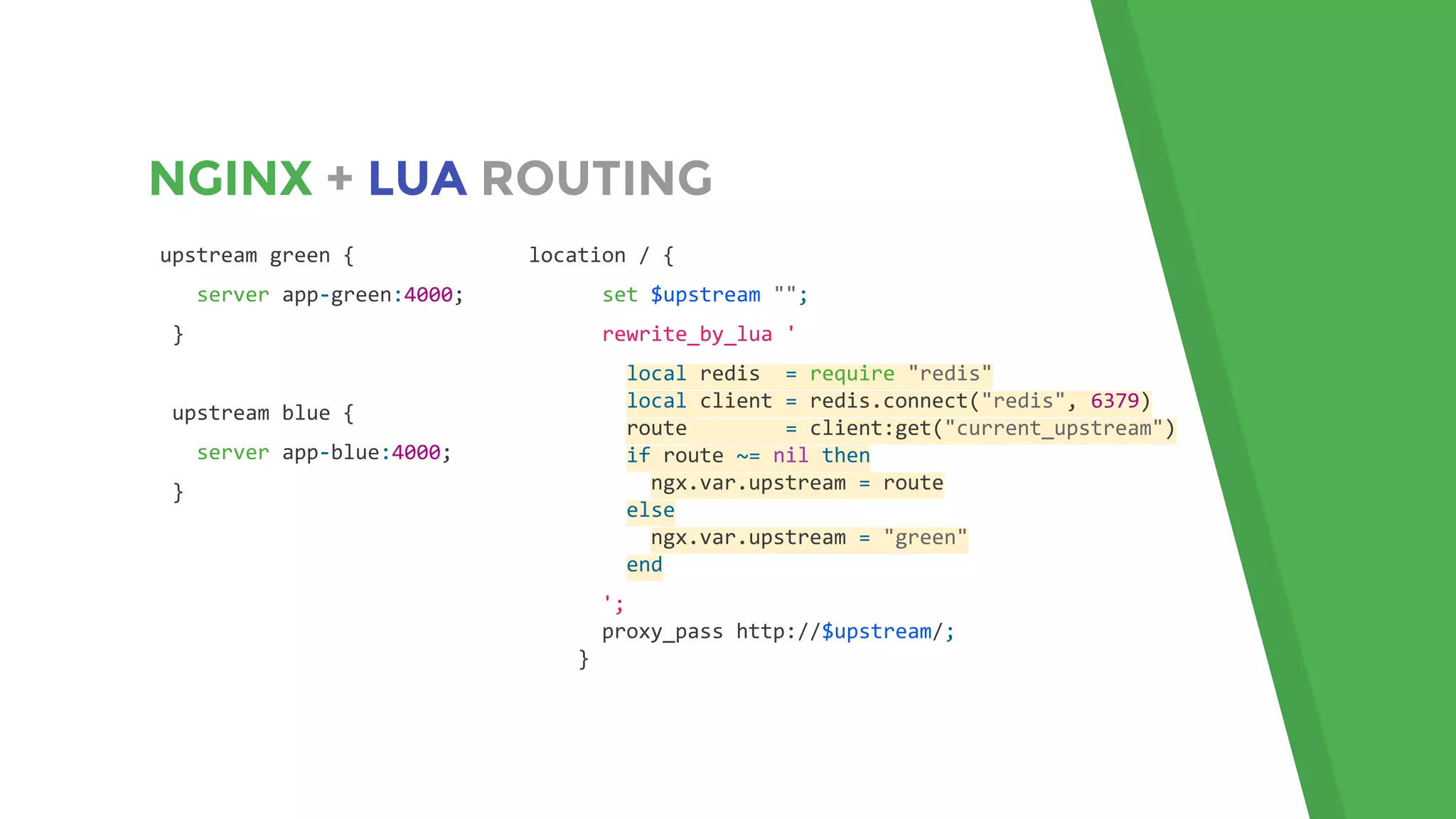NGINX + LUA ROUTING
upstream green {
server app-green:4000;
}
upstream blue {
server app-blue:4000;
}
location / {
set $upstream "";
rewrite_by_lua '
local redis = require "redis"
local client = redis.connect("redis", 6379)
route = client:get("current_upstream")
if route ~= nil then
ngx.var.upstream = route
else
ngx.var.upstream = "green"
end
';
proxy_pass http://$upstream/;
}
 