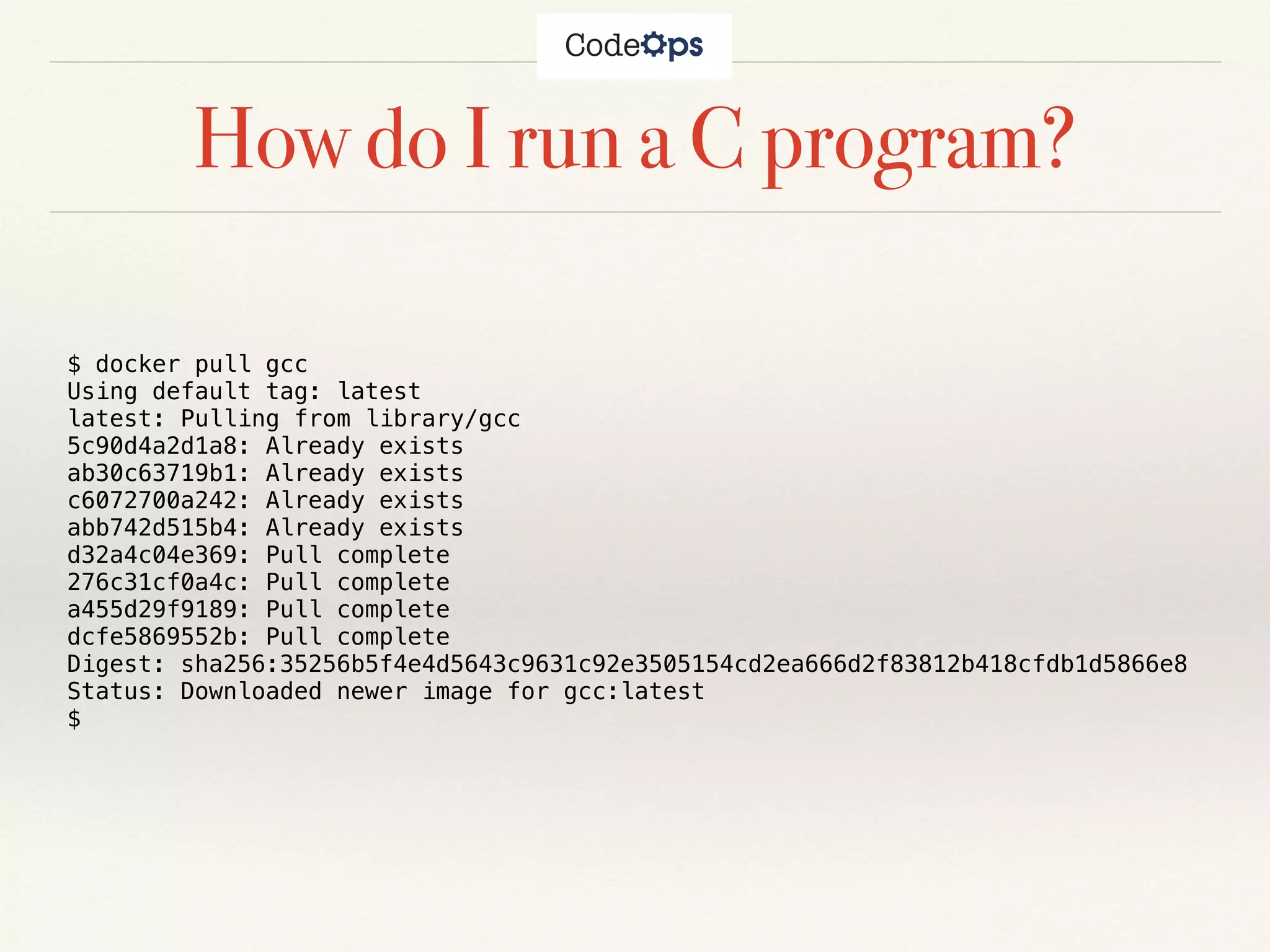 How do I run a C program?
$ docker pull gcc
Using default tag: latest
latest: Pulling from library/gcc
5c90d4a2d1a8: Already exists
ab30c63719b1: Already exists
c6072700a242: Already exists
abb742d515b4: Already exists
d32a4c04e369: Pull complete
276c31cf0a4c: Pull complete
a455d29f9189: Pull complete
dcfe5869552b: Pull complete
Digest: sha256:35256b5f4e4d5643c9631c92e3505154cd2ea666d2f83812b418cfdb1d5866e8
Status: Downloaded newer image for gcc:latest
$
 