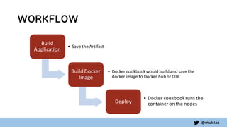 @muktaa
WORKFLOW
Build	
  
Application
• Save	
  the	
  Artifact
Build	
  Docker
Image
• Docker cookbook	
  would	
  build	
  and	
  save	
  the	
  
docker image	
  to	
  Docker hub	
  or	
  DTR
Deploy
• Docker cookbook	
  runs	
  the	
  
container	
  on	
  the	
  nodes
 