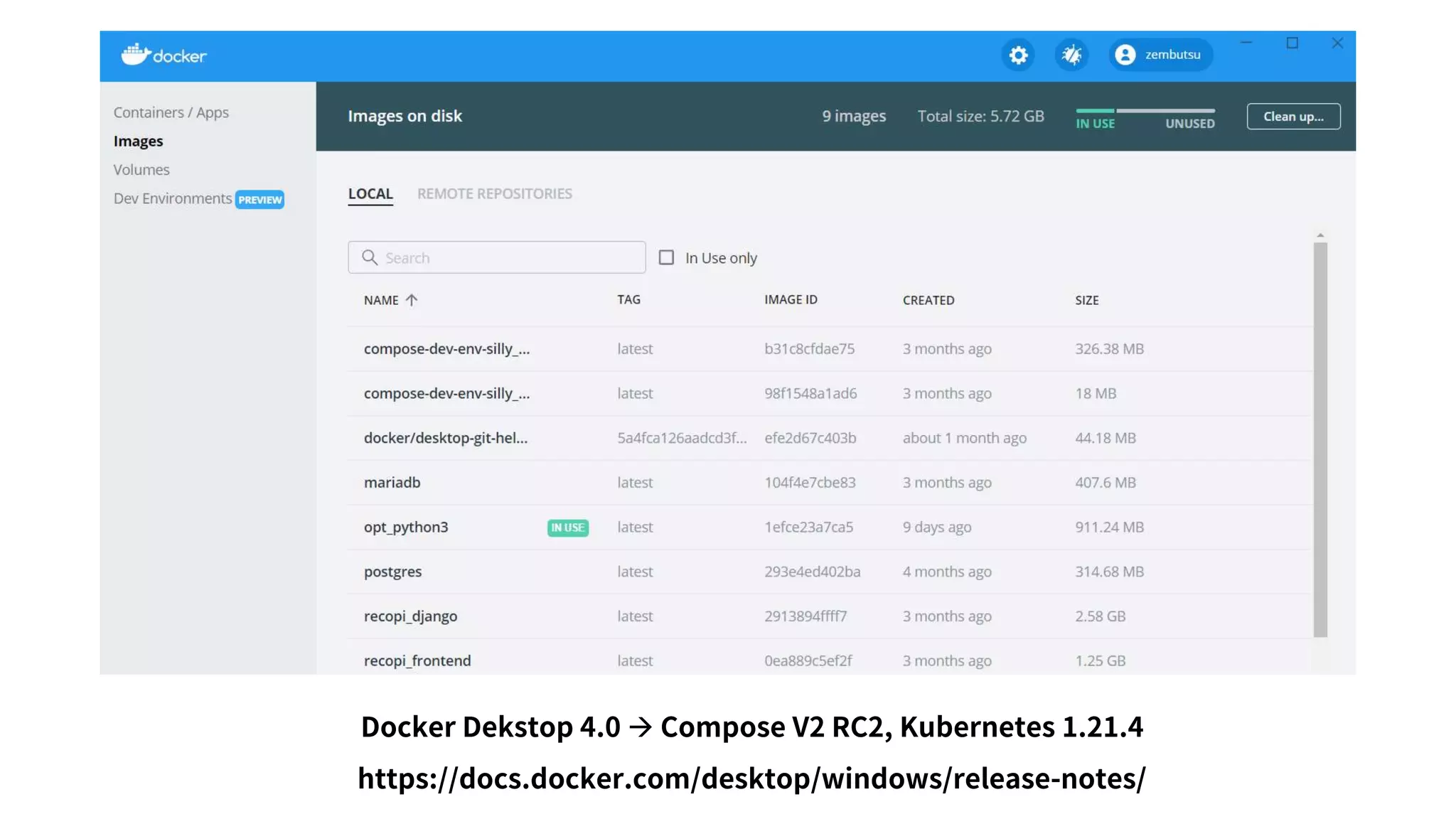 Docker Dekstop 4.0 → Compose V2 RC2, Kubernetes 1.21.4
https://docs.docker.com/desktop/windows/release-notes/
 