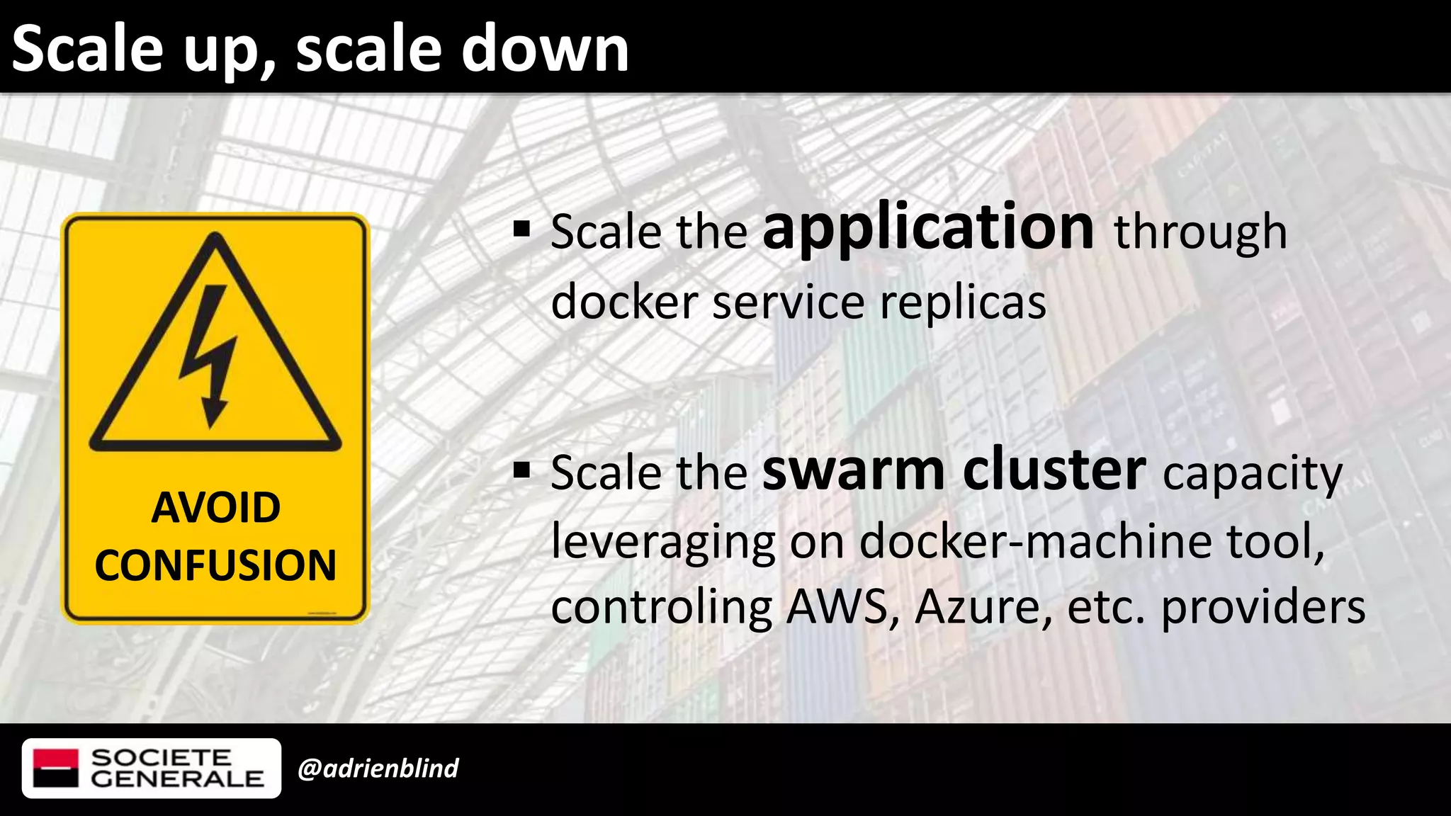 @adrienblind
 Scale the application through
docker service replicas
 Scale the swarm cluster capacity
leveraging on docker-machine tool,
controling AWS, Azure, etc. providers
Scale up, scale down
AVOID
CONFUSION
 