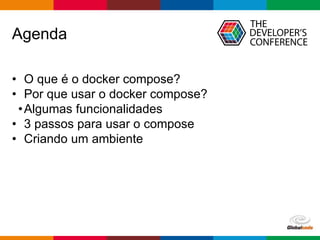 Globalcode – Open4education
Agenda
• O que é o docker compose?
• Por que usar o docker compose?
•Algumas funcionalidades
• 3 passos para usar o compose
• Criando um ambiente
 
