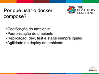Globalcode – Open4education
Por que usar o docker
compose?
•Codificação do ambiente
•Padronização do ambiente
•Replicação: dev, test e stage sempre iguais
•Agilidade no deploy do ambiente
 