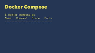 Docker Compose
$ docker-compose ps
Name Command State Ports
------------------------------
 