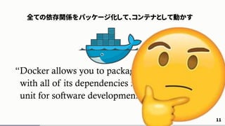 “Docker allows you to package an application
with all of its dependencies into a standardized
unit for software development.”
www.docker.com
11
全ての依存関係をパッケージ化して、コンテナとして動かす
 