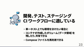 23
開発、テスト、ステージング
CI ワークフローに適している
• 単一ホスト上でも環境を分けたい場合に
• コンテナが作成したボリューム（データ領域）を
残したり、共有できる
• Compose ファイルを再利用できる
 
