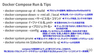 Docker Compose Run & Tips
&bull; docker-compose up -d --build
&bull; docker-compose down -v &ndash;rmi all / local
&bull; docker-compose exec <サービス名> コマンド
&bull; docker-compose -f <ファイル名.yml>
&bull; docker-compose -p <プロジェクト名>
&bull; docker-compose --config
&bull; docker system prune
&bull; docker volume rm $(docker volume ls -q)
100compose を普段使う上で、よく使うコマンドは、このあたり。
特に知らないうちにネットワークやボリュームが混在するときは prune（プルーン）コマンドで一斉掃除。
◀ プロジェクト起動時、毎回Dockerfileをbuildする
◀ 停止時、イメージとボリューム全削除
◀ デバッグ用途。コンテナ内で操作
◀ 任意のYAMLファイルを指定可能
◀ ディレクトリ名ではなく、任意のプロジェクト
名を指定可能
◀ 稼働しているプロジェクトの情報を、YAML形式で表示
（間違って YAML を消した場合や、複数の YAML が混在し
操作対象が分からなくなった時に重宝・・・）
◀ 不要コンテナ、中間イメージ、ネットワークを削除（-vでボリュームも）
◀ ボリュームの全削除
 