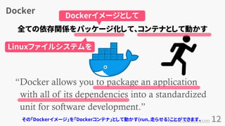 Docker
12
&ldquo;Docker allows you to package an application
with all of its dependencies into a standardized
unit for software development.&rdquo;
www.docker.com
全ての依存関係をパッケージ化して、コンテナとして動かす
Dockerイメージとして
Linuxファイルシステムを
その「Dockerイメージ」を「Dockerコンテナ」として動かす(run、走らせる）ことができます。
 