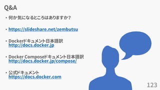 Q&A
&bull; 何か気になるところはありますか？
&bull; https://slideshare.net/zembutsu
&bull; Dockerドキュメント日本語訳
http://docs.docker.jp
&bull; Docker Composeドキュメント日本語訳
http://docs.docker.jp/compose/
&bull; 公式ドキュメント
https://docs.docker.com
123
 