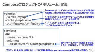 Composeプロジェクトの「ボリューム」定義
98
services:
db:
image: postgres:9.4
volumes:
- db-data:/var/lib/postgresql/data
volumes:
- /var/lib/mysql
- cache:/tmp/cache
- ./configs:/etc/configs/:ro
「volumes:」に &ldquo;- ディレクトリまたはファイル名&rdquo;の場合は
名前無し（volume idが割り振られる）。主に使い捨て用途
&ldquo;- 名前:パス&rdquo; は名前付きボリューム。ホスト上での管理を
容易にするため（バックアップや参照で）
&ldquo;- パス:パス&rdquo; はホスト上を直接マウント。
&ldquo;:ro&rdquo;は Read-Only オプション
個々のサービスの中で定義する場合は、
そのサービス（のコンテナ）だけが参照
プロジェクト全体または個々のサービスに定義。毎回 docker volume create等の管理が不要に。
 