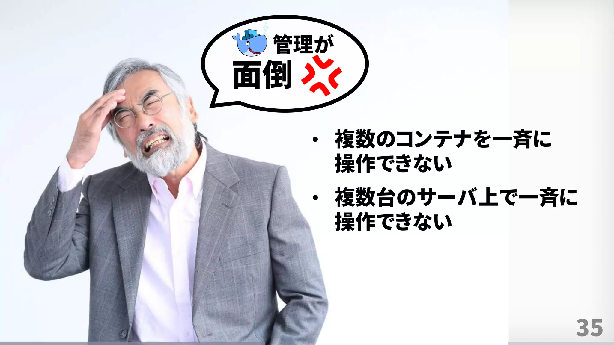 35
• 複数のコンテナを一斉に
操作できない
• 複数台のサーバ上で一斉に
操作できない
管理が
面倒
 