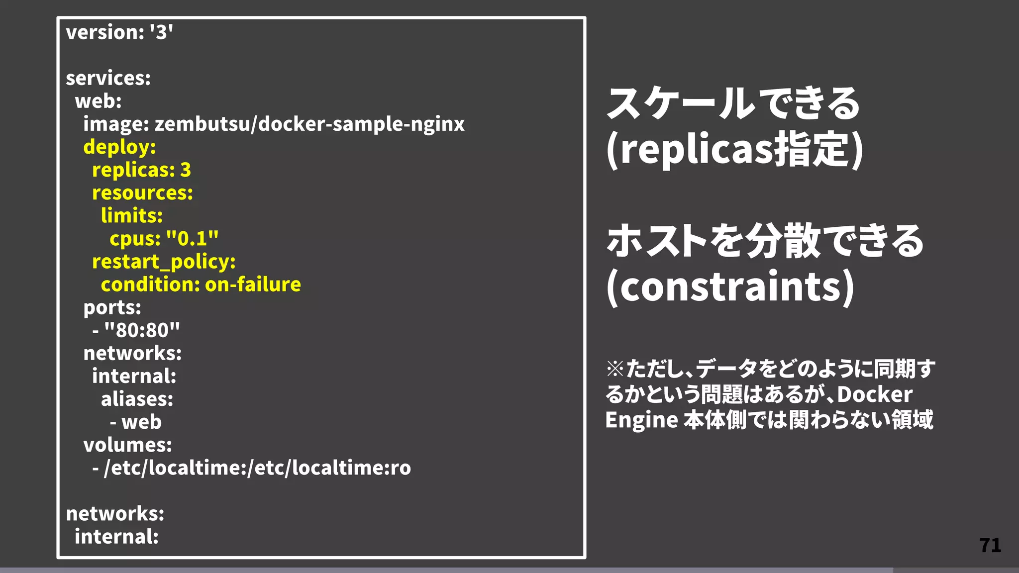 71
version: '3'
services:
web:
image: zembutsu/docker-sample-nginx
deploy:
replicas: 3
resources:
limits:
cpus: "0.1"
restart_policy:
condition: on-failure
ports:
- "80:80"
networks:
internal:
aliases:
- web
volumes:
- /etc/localtime:/etc/localtime:ro
networks:
internal:
スケールできる
(replicas指定)
ホストを分散できる
(constraints)
※ただし、データをどのように同期す
るかという問題はあるが、Docker
Engine 本体側では関わらない領域
 