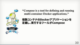 30
“Compose is a tool for defining and running
multi-container Docker applications.”
複数コンテナのDockerアプリケーションを
定義し、実行するツールがCompose
 