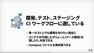 44
開発、テスト、ステージング
CI ワークフローに適している
• 単一ホスト上でも環境を分けたい場合に
• コンテナが作成したボリューム（データ領域）を
残したり、共有できる
• Compose ファイルを再利用できる
 