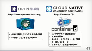 47
https://www.opencontainers.org https://www.cncf.io
• コンテナの実行と監視（管理）
• イメージ配布
• ネットワークインタフェースと管理
• ローカル・ストレージ
• ネイティブに組み込まれたAPI
• OCI に準拠したコンテナを作成・実行
• “runc” コマンドライン・ツール
 