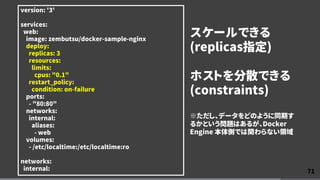 71
version: '3'
services:
web:
image: zembutsu/docker-sample-nginx
deploy:
replicas: 3
resources:
limits:
cpus: "0.1"
restart_policy:
condition: on-failure
ports:
- "80:80"
networks:
internal:
aliases:
- web
volumes:
- /etc/localtime:/etc/localtime:ro
networks:
internal:
スケールできる
(replicas指定)
ホストを分散できる
(constraints)
※ただし、データをどのように同期す
るかという問題はあるが、Docker
Engine 本体側では関わらない領域
 