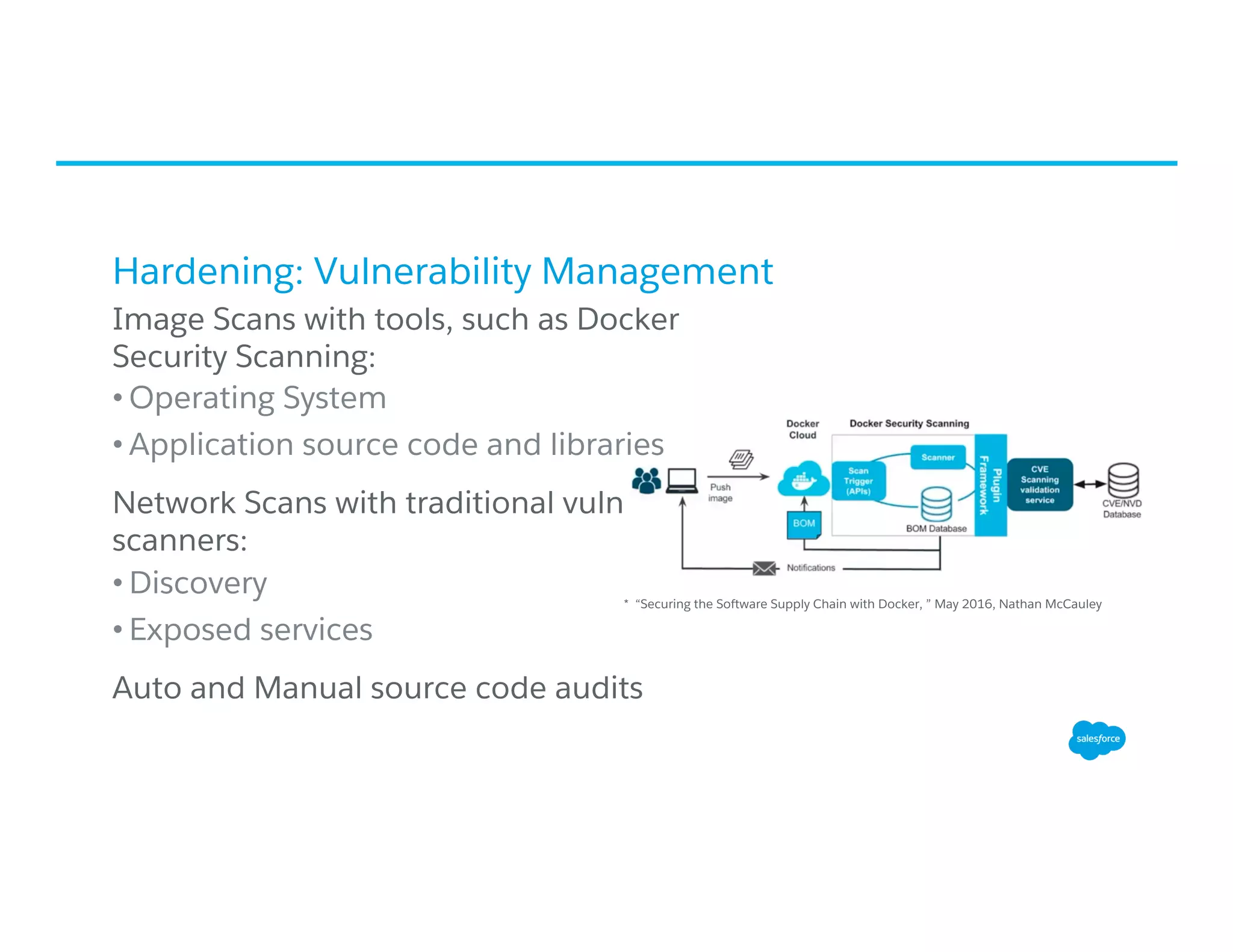Hardening: Vulnerability Management
​ Image Scans with tools, such as Docker
Security Scanning:
• Operating System
• Application source code and libraries
​ Network Scans with traditional vuln
scanners:
• Discovery
• Exposed services
​ Auto and Manual source code audits
* “Securing the Software Supply Chain with Docker, ” May 2016, Nathan McCauley
 
