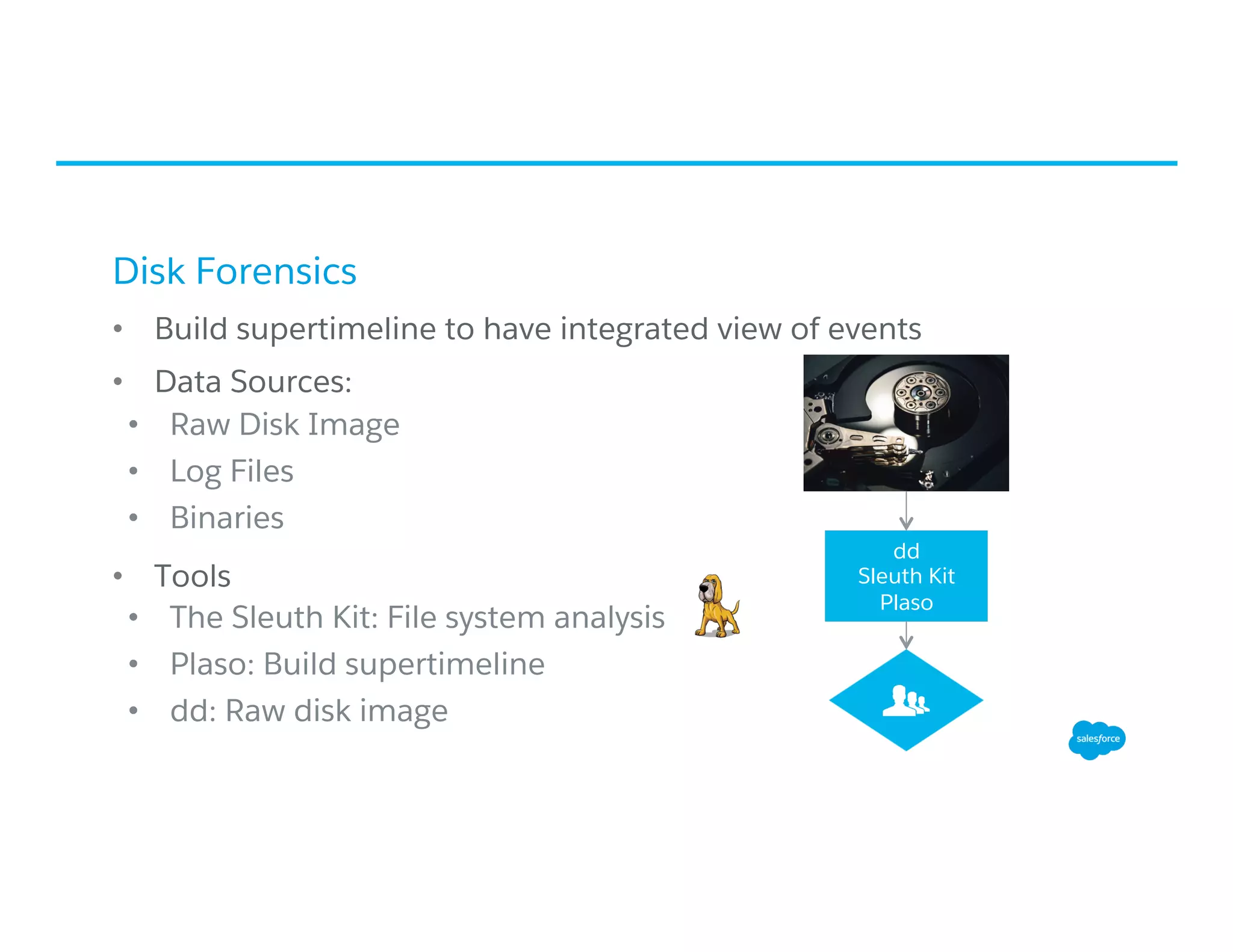 Disk Forensics
•  Build supertimeline to have integrated view of events
•  Data Sources:
•  Raw Disk Image
•  Log Files
•  Binaries
•  Tools
•  The Sleuth Kit: File system analysis
•  Plaso: Build supertimeline
•  dd: Raw disk image
dd
Sleuth Kit
Plaso
 