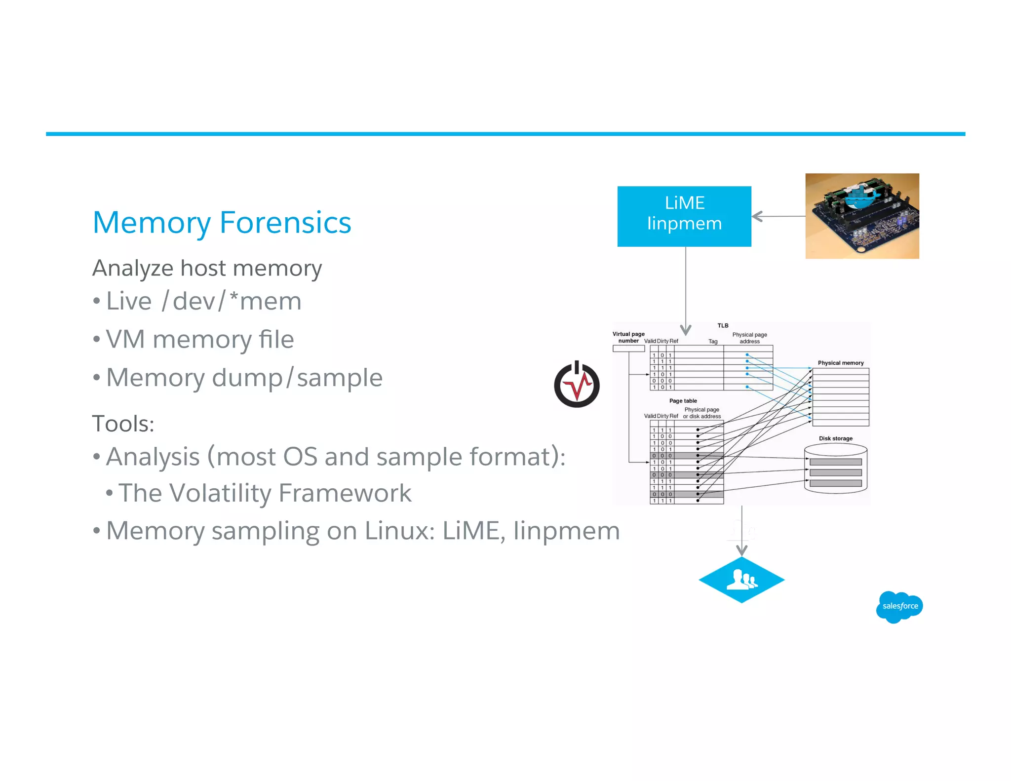 Memory Forensics
​ Analyze host memory
• Live /dev/*mem
• VM memory ﬁle
• Memory dump/sample
​ Tools:
• Analysis (most OS and sample format):
• The Volatility Framework
• Memory sampling on Linux: LiME, linpmem
LiME
linpmem
 
