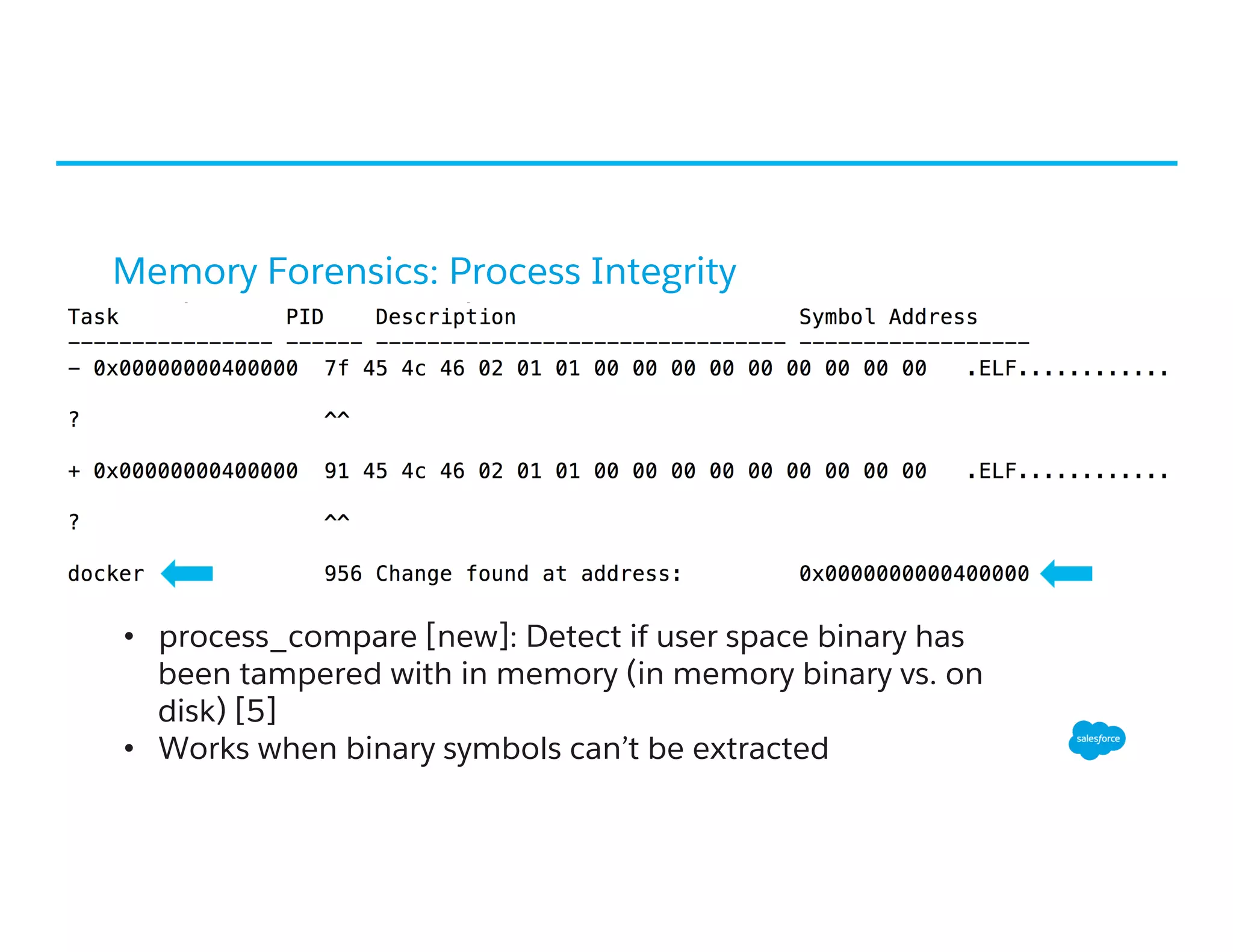 Memory Forensics: Process Integrity
•  process_compare [new]: Detect if user space binary has
been tampered with in memory (in memory binary vs. on
disk) [5]
•  Works when binary symbols can’t be extracted
 