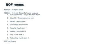 BOF rooms
15:15pm - 15:30pm - break
15:30pm - 17:15 pm - Birds of a feather sessions
1. runC / containerd - Stay in the Moby Room
2. LinuxKit - Enterprise summit room
3. InfraKit - lunch room 1
4. Serverless - lunch room 1
5. Security - lunch room 1
6. Buildkit - lunch room 2
7. Istio - lunch room 2
8. Networking - lunch room 2
17:15pm Closing
 