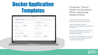 Accelerate “Time-to-
Docker” for Developers
While Lowering App
Pipeline Friction
Fastest & easiest way to onboard
developers to new Docker projects
Supports developer choice of
programming languages and application
frameworks
Accelerates developer productivity with
Docker while delivering secure and
compliant applications
Provides options between CLI and GUI
to meet the needs of developers with
varying Docker expertise
Docker Application
Templates
 