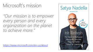 Microsoft’s mission
“Our mission is to empower
every person and every
organization on the planet
to achieve more.”
https://www.microsoft.com/en-us/about
 