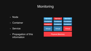 Monitoring 
Container Container Container 
Container Container Container 
Virtual Virtual Virtual 
Physical (Machine) 
• Node 
• Container 
• Service 
• Propagation of this 
information 
Service Service Service 
 
