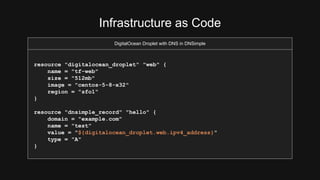 Infrastructure as Code 
DigitalOcean Droplet with DNS in DNSimple 
resource "digitalocean_droplet" "web" { 
name = "tf-web" 
size = "512mb" 
image = "centos-5-8-x32" 
region = "sfo1" 
} 
resource "dnsimple_record" "hello" { 
domain = "example.com" 
name = "test" 
value = "${digitalocean_droplet.web.ipv4_address}" 
type = "A" 
} 
 