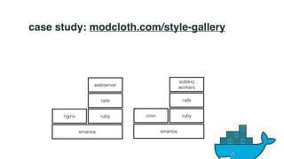 case study: modcloth.com/style-gallery 
webserver workers 
nginx ruby 
smartos 
rails 
sidekiq 
cron ruby 
smartos 
rails 
 