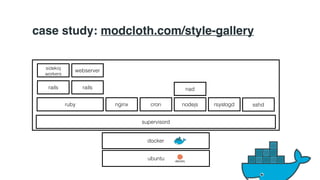 case study: modcloth.com/style-gallery 
webserver 
rails 
ruby nginx 
cron 
supervisord 
docker 
ubuntu 
sidekiq 
workers 
rails 
nad 
nodejs rsyslogd 
sshd 
 
