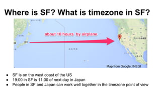 Where is SF? What is timezone in SF?
● SF is on the west coast of the US
● 19:00 in SF is 11:00 of next day in Japan
● People in SF and Japan can work well together in the timezone point of view
Map from Google, INEGI
 