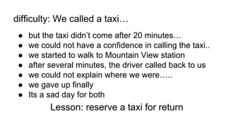 difficulty: We called a taxi…
● but the taxi didn’t come after 20 minutes…
● we could not have a confidence in calling the taxi..
● we started to walk to Mountain View station
● after several minutes, the driver called back to us
● we could not explain where we were…..
● we gave up finally
● Its a sad day for both
Lesson: reserve a taxi for return
 