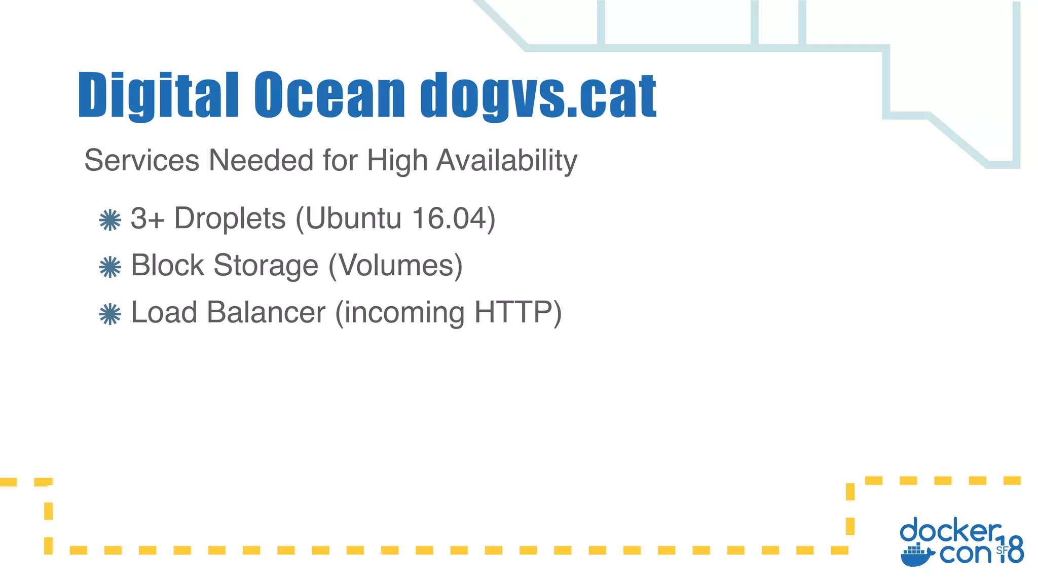 3+ Droplets (Ubuntu 16.04) Block Storage (Volumes) Load Balancer (incoming HTTP) Digital Ocean dogvs.cat Services Needed for High Availability 