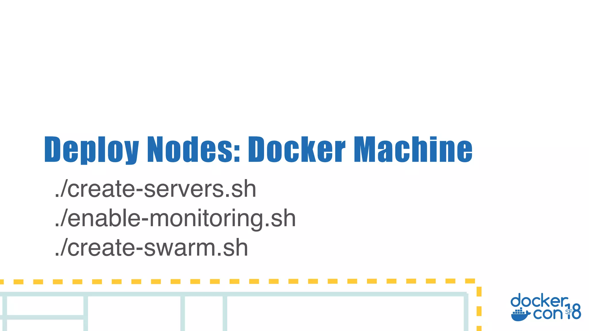Deploy Nodes: Docker Machine ./create-servers.sh ./enable-monitoring.sh ./create-swarm.sh 