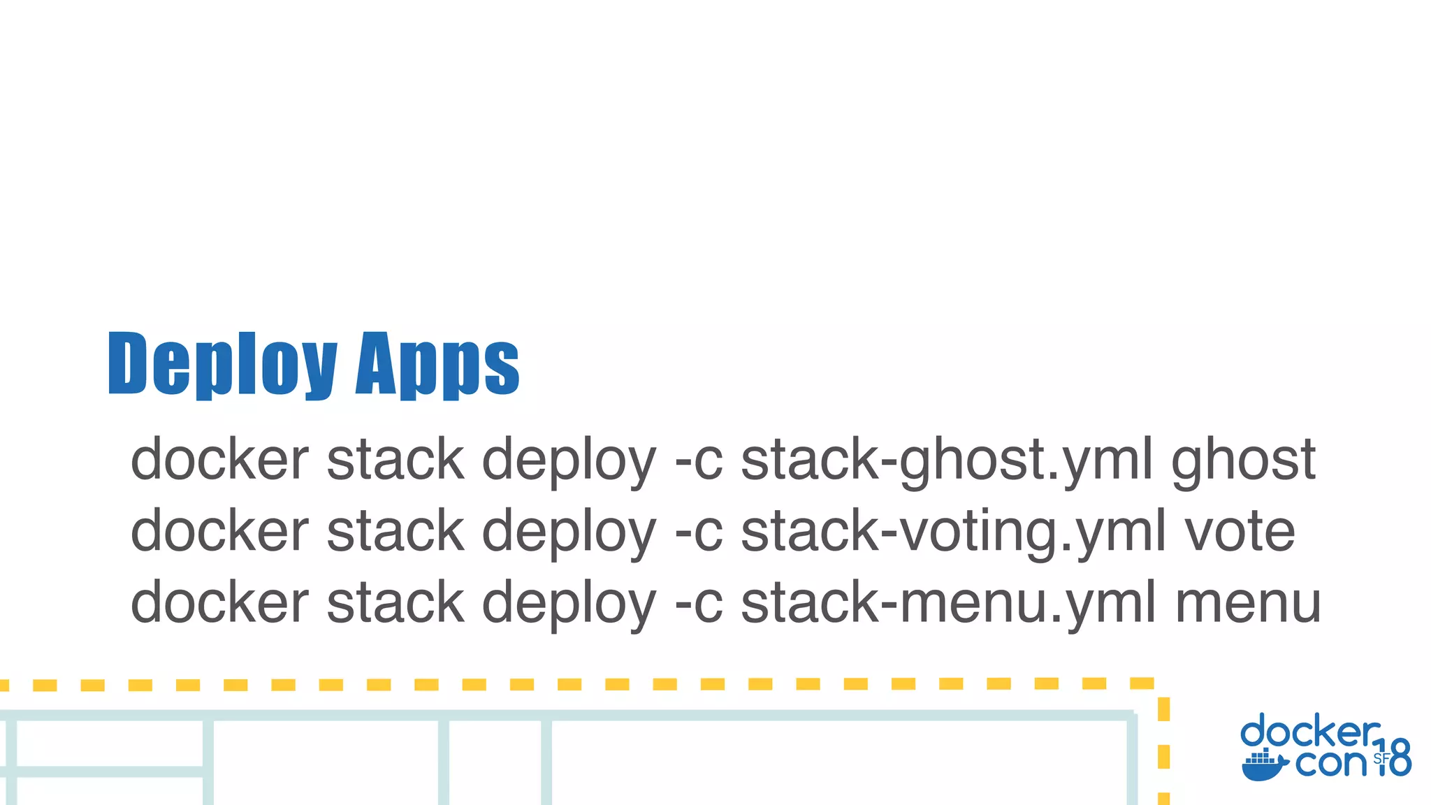Deploy Apps docker stack deploy -c stack-ghost.yml ghost docker stack deploy -c stack-voting.yml vote docker stack deploy -c stack-menu.yml menu 