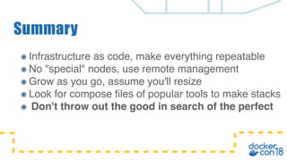 Summary
Infrastructure as code, make everything repeatable
No "special" nodes, use remote management
Grow as you go, assume you'll resize
Look for compose files of popular tools to make stacks
Don't throw out the good in search of the perfect
 