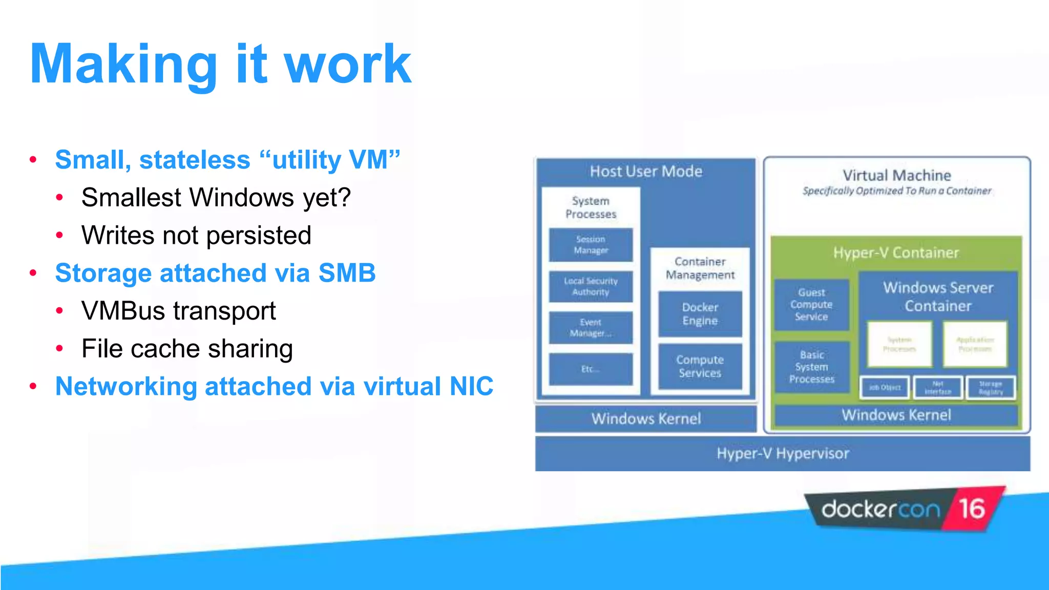 Making it work
• Small, stateless “utility VM”
• Smallest Windows yet?
• Writes not persisted
• Storage attached via SMB
• VMBus transport
• File cache sharing
• Networking attached via virtual NIC
 