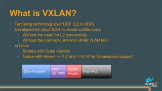 • Tunneling technology over UDP (L2 in UDP)
• Developed for cloud SDN to create multitenancy
• Without the need for L2 connectivity
• Without the normal VLAN limit (4096 VLAN Ids)
• In Linux
• Started with Open vSwitch
• Native with Kernel >= 3.7 and >=3.16 for Namespace support
What is VXLAN?
Outer IP packet
UDP
dst: 4789
VXLAN
Header
Original L2
 