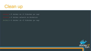 docker0:~$ docker rm -f $(docker ps -aq)
docker0:~$ docker network rm dockercon
docker1:~$ docker rm -f $(docker ps -aq)
Clean up
 