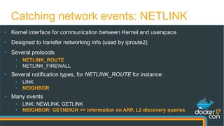 Catching network events: NETLINK
• Kernel interface for communication between Kernel and userspace
• Designed to transfer networking info (used by iproute2)
• Several protocols
• NETLINK_ROUTE
• NETLINK_FIREWALL
• Several notification types, for NETLINK_ROUTE for instance:
• LINK
• NEIGHBOR
• Many events
• LINK: NEWLINK, GETLINK
• NEIGHBOR: GETNEIGH <= information on ARP, L2 discovery queries
 