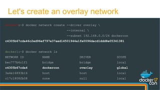docker0:~$ docker network create --driver overlay 
--internal 
--subnet 192.168.0.0/24 dockercon
c4305b67cda46c2ed96ef797e37aed14501944a1fe0096dacd1ddd8e05341381
docker1:~$ docker network ls
NETWORK ID NAME DRIVER SCOPE
bec777b6c1f1 bridge bridge local
c4305b67cda4 dockercon overlay global
3a4e16893b16 host host local
c17c1808fb08 none null local
Let's create an overlay network
 