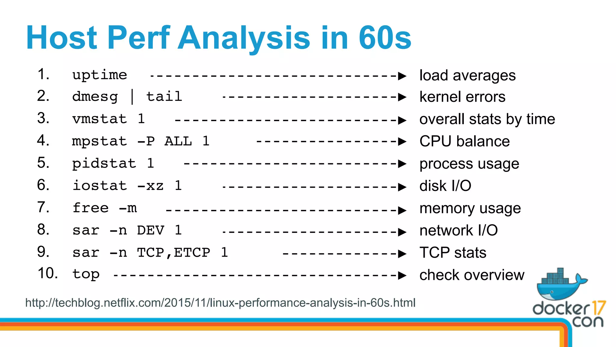 Host Perf Analysis in 60s
http://techblog.netflix.com/2015/11/linux-performance-analysis-in-60s.html
1.  uptime
2.  dmesg | tail
3.  vmstat 1
4.  mpstat -P ALL 1
5.  pidstat 1
6.  iostat -xz 1
7.  free -m
8.  sar -n DEV 1
9.  sar -n TCP,ETCP 1
10.  top
load averages
kernel errors
overall stats by time
CPU balance
process usage
disk I/O
memory usage
network I/O
TCP stats
check overview
 