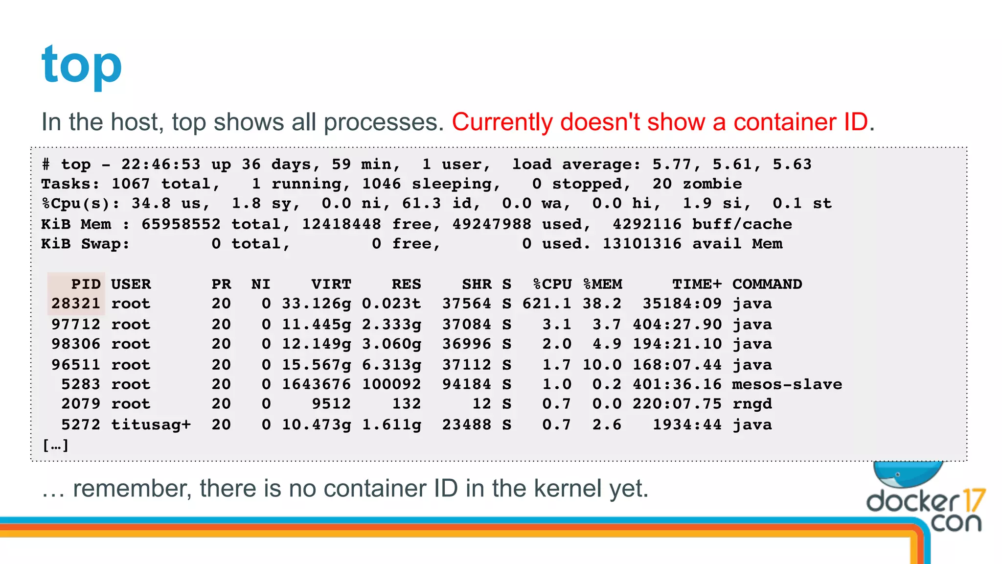 top
# top - 22:46:53 up 36 days, 59 min, 1 user, load average: 5.77, 5.61, 5.63
Tasks: 1067 total, 1 running, 1046 sleeping, 0 stopped, 20 zombie
%Cpu(s): 34.8 us, 1.8 sy, 0.0 ni, 61.3 id, 0.0 wa, 0.0 hi, 1.9 si, 0.1 st
KiB Mem : 65958552 total, 12418448 free, 49247988 used, 4292116 buff/cache
KiB Swap: 0 total, 0 free, 0 used. 13101316 avail Mem
PID USER PR NI VIRT RES SHR S %CPU %MEM TIME+ COMMAND
28321 root 20 0 33.126g 0.023t 37564 S 621.1 38.2 35184:09 java
97712 root 20 0 11.445g 2.333g 37084 S 3.1 3.7 404:27.90 java
98306 root 20 0 12.149g 3.060g 36996 S 2.0 4.9 194:21.10 java
96511 root 20 0 15.567g 6.313g 37112 S 1.7 10.0 168:07.44 java
5283 root 20 0 1643676 100092 94184 S 1.0 0.2 401:36.16 mesos-slave
2079 root 20 0 9512 132 12 S 0.7 0.0 220:07.75 rngd
5272 titusag+ 20 0 10.473g 1.611g 23488 S 0.7 2.6 1934:44 java
[…]
In the host, top shows all processes. Currently doesn't show a container ID.
… remember, there is no container ID in the kernel yet.
 