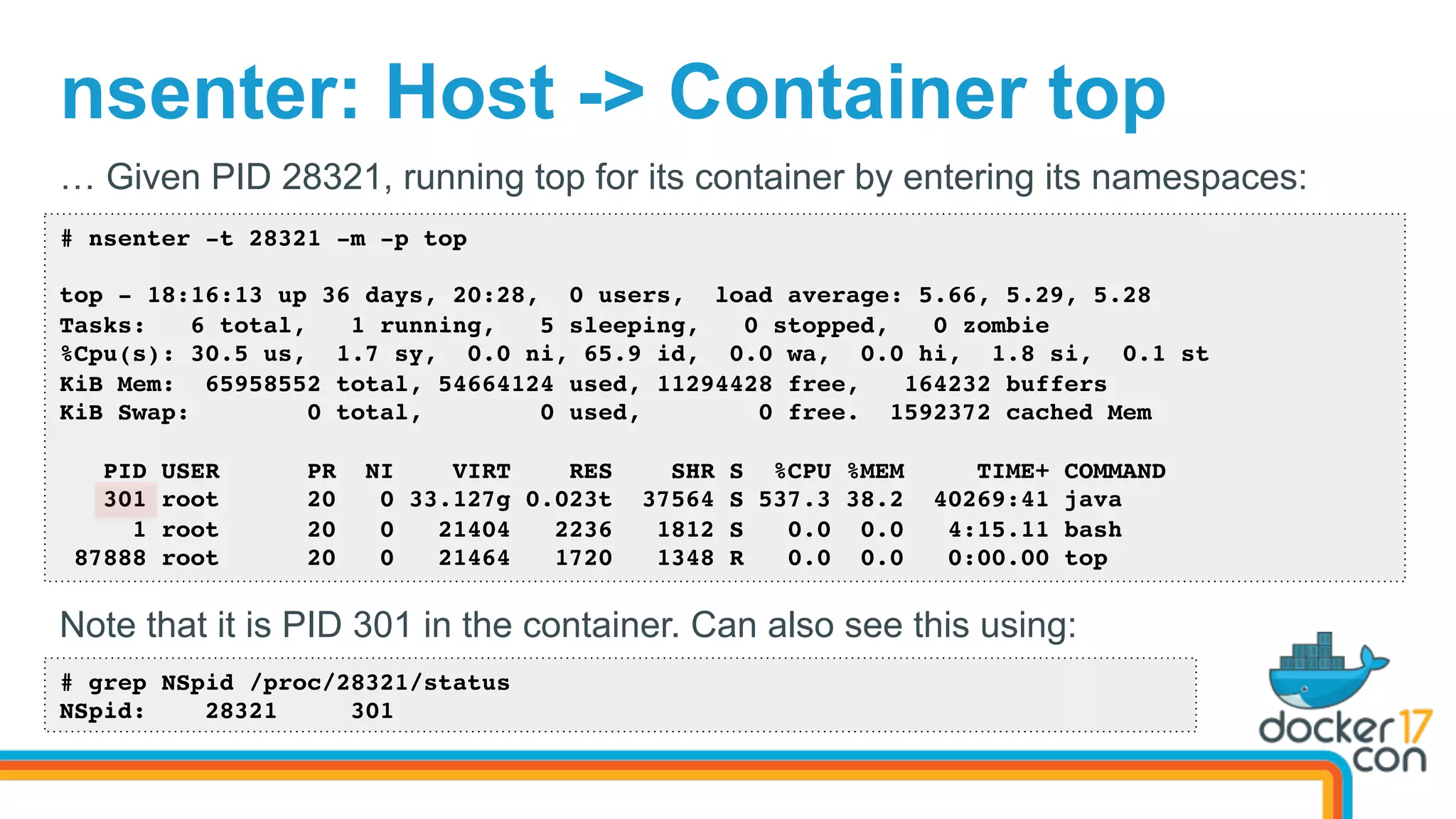 nsenter: Host -> Container top
# nsenter -t 28321 -m -p top
top - 18:16:13 up 36 days, 20:28, 0 users, load average: 5.66, 5.29, 5.28
Tasks: 6 total, 1 running, 5 sleeping, 0 stopped, 0 zombie
%Cpu(s): 30.5 us, 1.7 sy, 0.0 ni, 65.9 id, 0.0 wa, 0.0 hi, 1.8 si, 0.1 st
KiB Mem: 65958552 total, 54664124 used, 11294428 free, 164232 buffers
KiB Swap: 0 total, 0 used, 0 free. 1592372 cached Mem
PID USER PR NI VIRT RES SHR S %CPU %MEM TIME+ COMMAND
301 root 20 0 33.127g 0.023t 37564 S 537.3 38.2 40269:41 java
1 root 20 0 21404 2236 1812 S 0.0 0.0 4:15.11 bash
87888 root 20 0 21464 1720 1348 R 0.0 0.0 0:00.00 top
… Given PID 28321, running top for its container by entering its namespaces:
Note that it is PID 301 in the container. Can also see this using:
# grep NSpid /proc/28321/status
NSpid: 28321 301
 